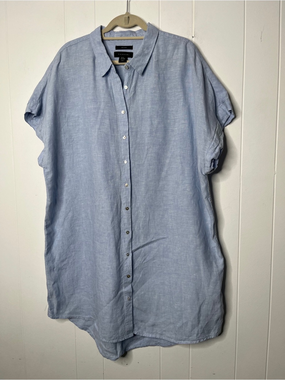 Tahari 100% Linen Casual Light Blue Button Front Shirt Dress Mini